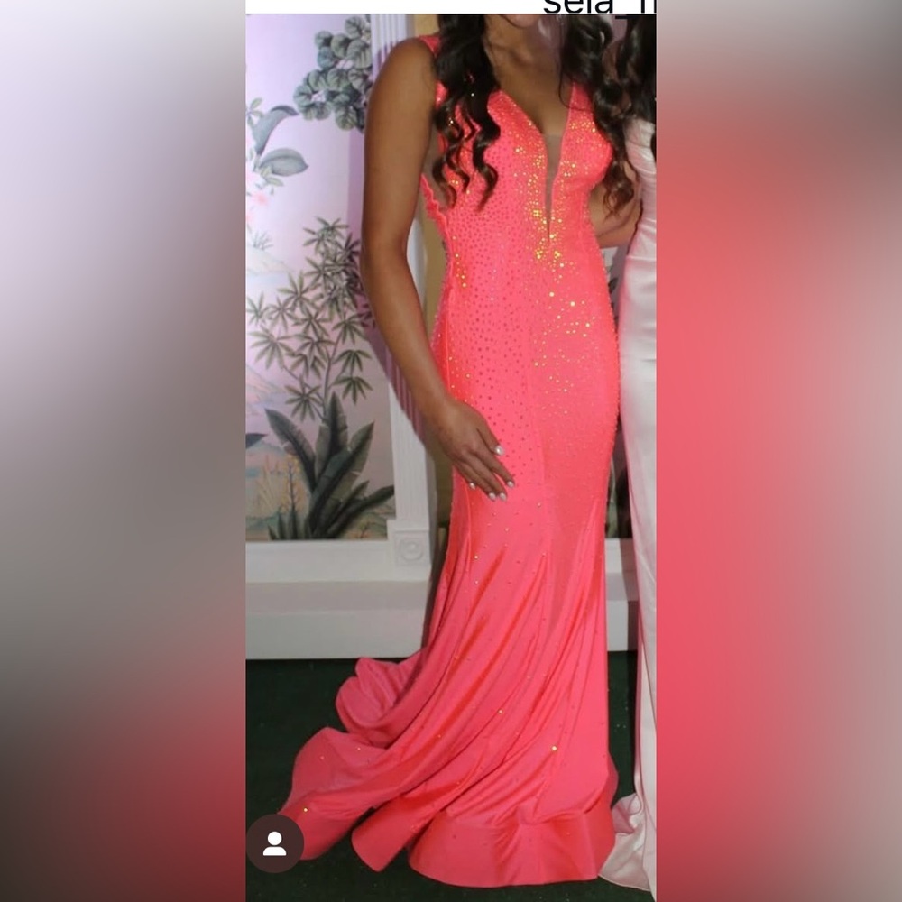 Stunning neon/ pink-coral beaded long gown